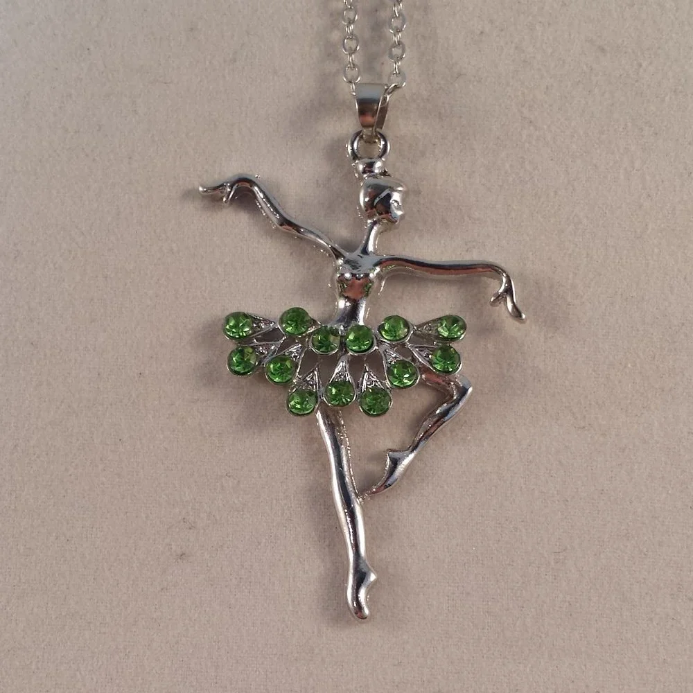 Silver Ballerina Dancer Green Crystal Gemstone Pendant Necklace Gorgeous Gift